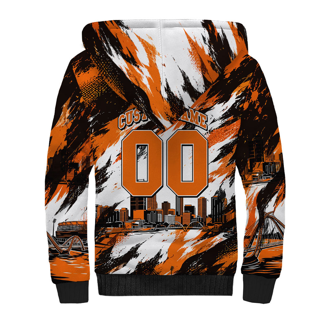 Personalised Perth Scorchers Cricket Fan Pride Sherpa Hoodie Dynamic Flaming Dragon Art With Perth City Skyline