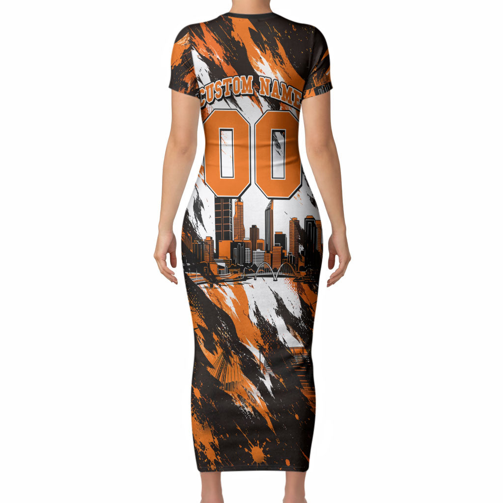 Personalised Perth Scorchers Cricket Fan Pride Short Sleeve Bodycon Dress Dynamic Flaming Dragon Art With Perth City Skyline