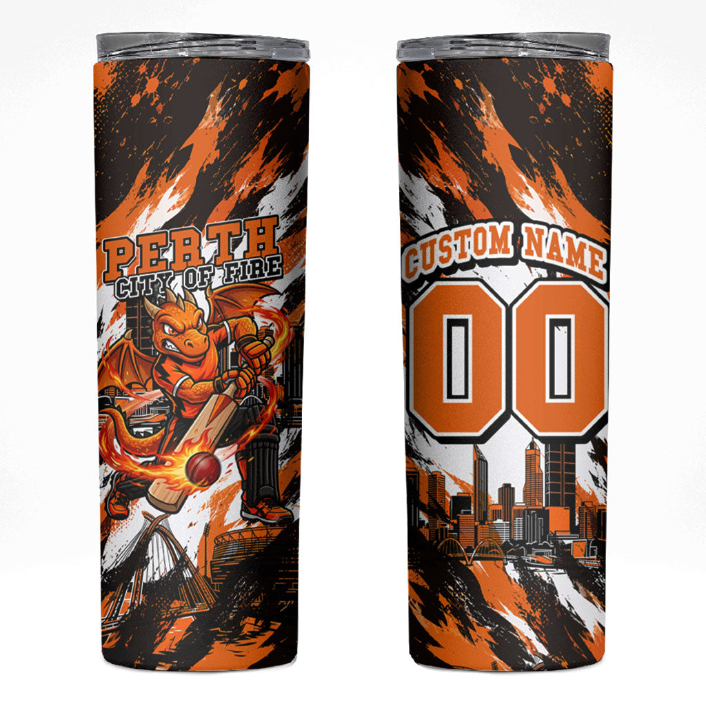 Personalised Perth Scorchers Cricket Fan Pride Skinny Tumbler Dynamic Flaming Dragon Art With Perth City Skyline