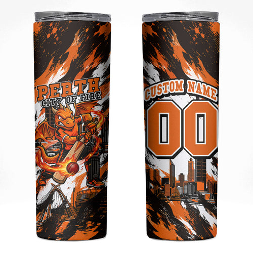 Personalised Perth Scorchers Cricket Fan Pride Skinny Tumbler Dynamic Flaming Dragon Art With Perth City Skyline