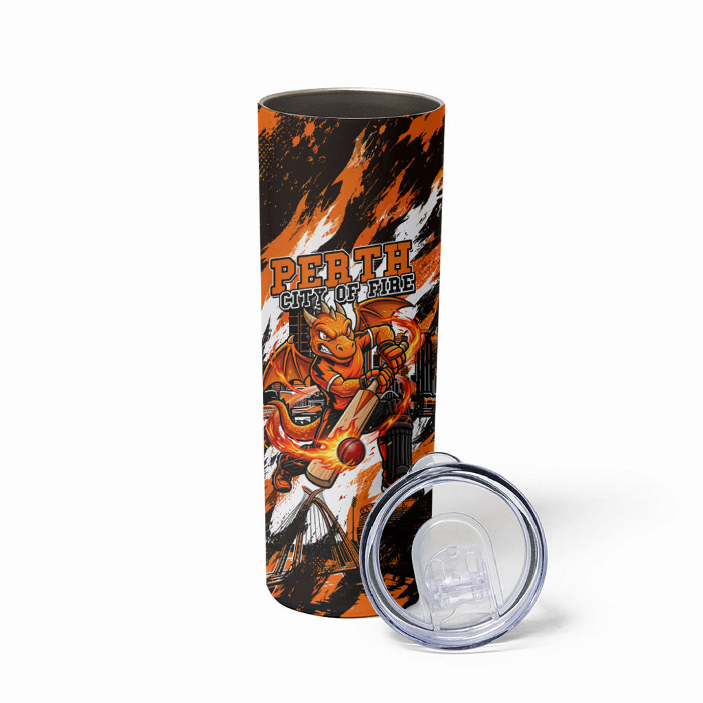 Personalised Perth Scorchers Cricket Fan Pride Skinny Tumbler Dynamic Flaming Dragon Art With Perth City Skyline