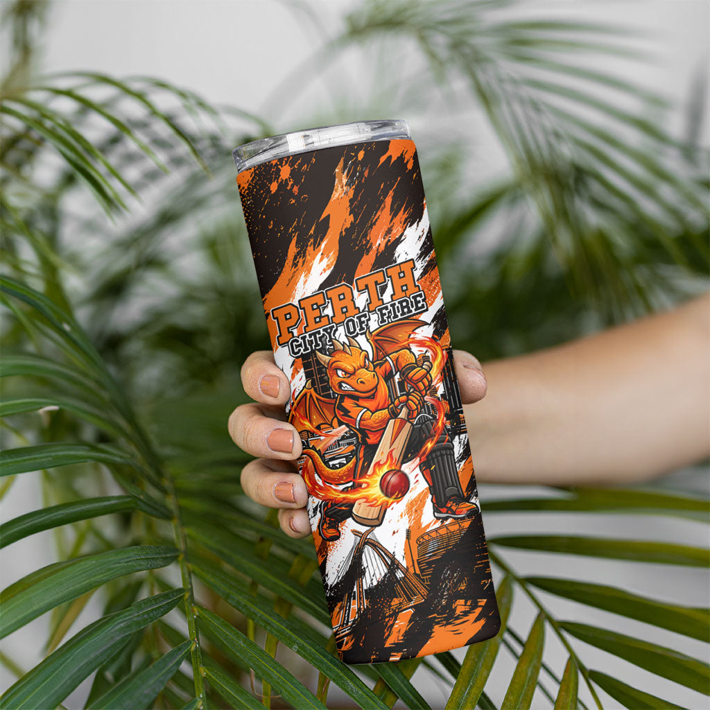 Personalised Perth Scorchers Cricket Fan Pride Skinny Tumbler Dynamic Flaming Dragon Art With Perth City Skyline