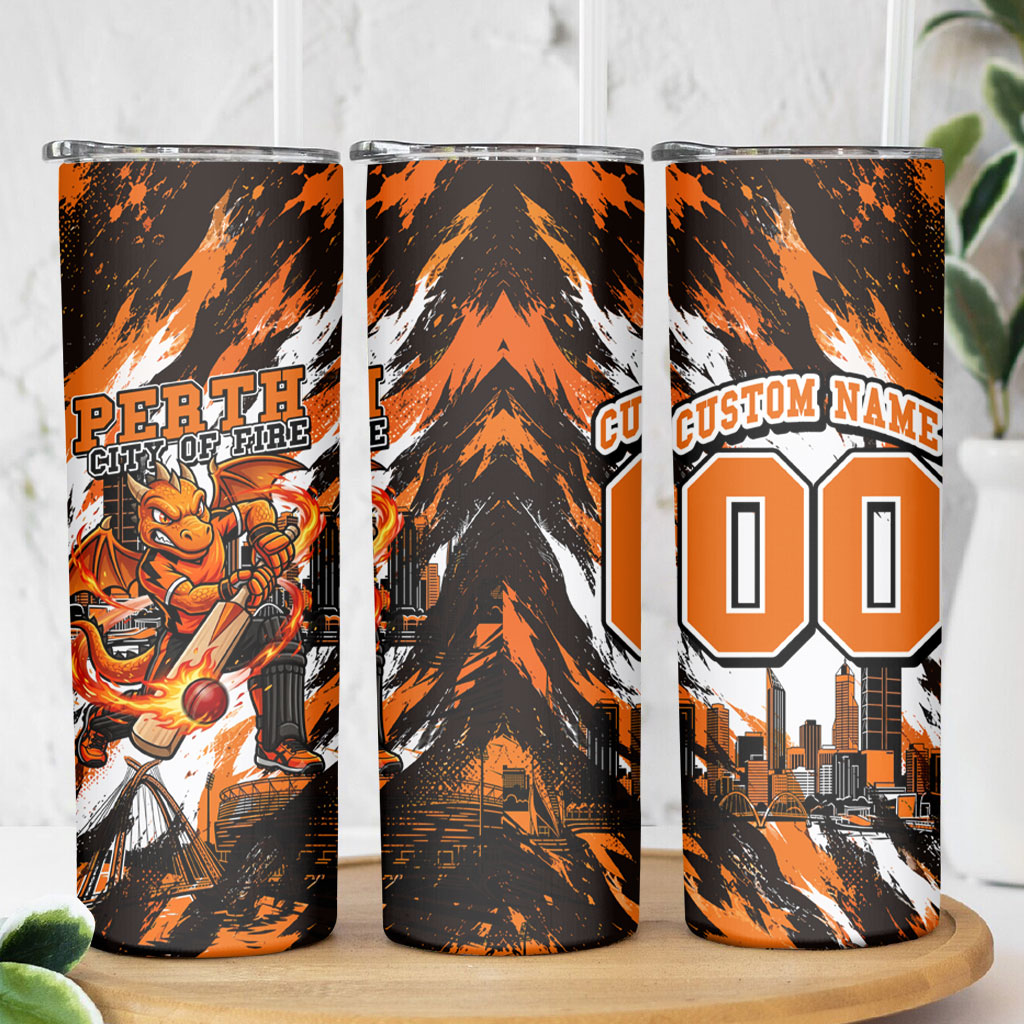 Personalised Perth Scorchers Cricket Fan Pride Skinny Tumbler Dynamic Flaming Dragon Art With Perth City Skyline