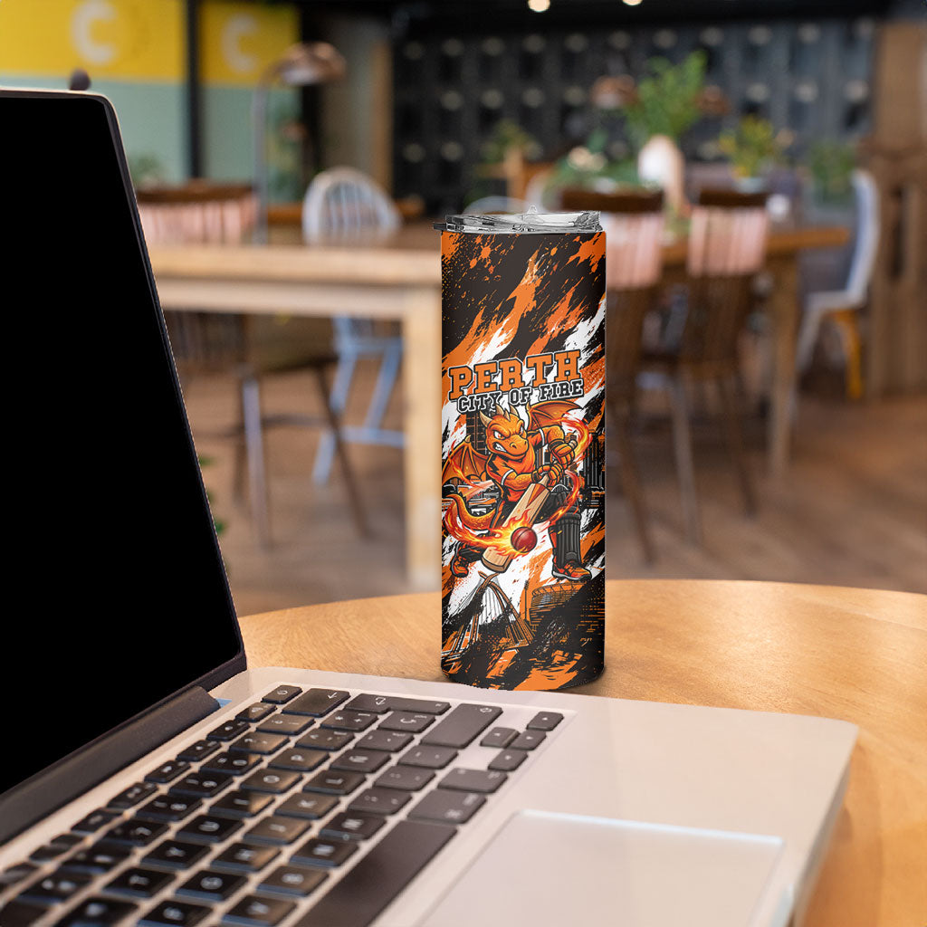Personalised Perth Scorchers Cricket Fan Pride Skinny Tumbler Dynamic Flaming Dragon Art With Perth City Skyline