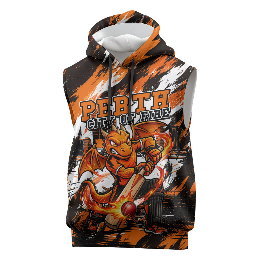 Personalised Perth Scorchers Cricket Fan Pride Sleeveless Hoodie Dynamic Flaming Dragon Art With Perth City Skyline