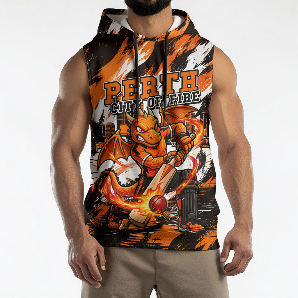 Personalised Perth Scorchers Cricket Fan Pride Sleeveless Hoodie Dynamic Flaming Dragon Art With Perth City Skyline