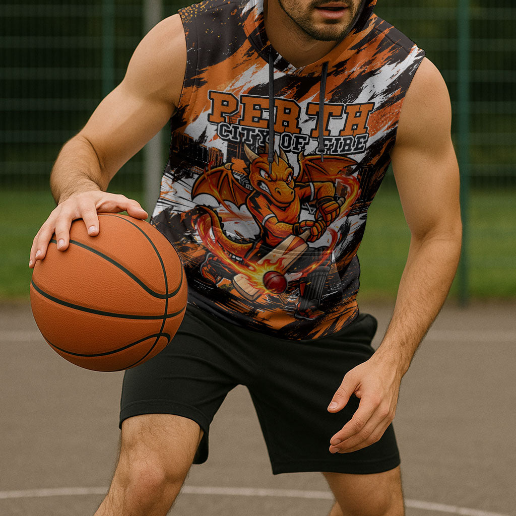 Personalised Perth Scorchers Cricket Fan Pride Sleeveless Hoodie Dynamic Flaming Dragon Art With Perth City Skyline