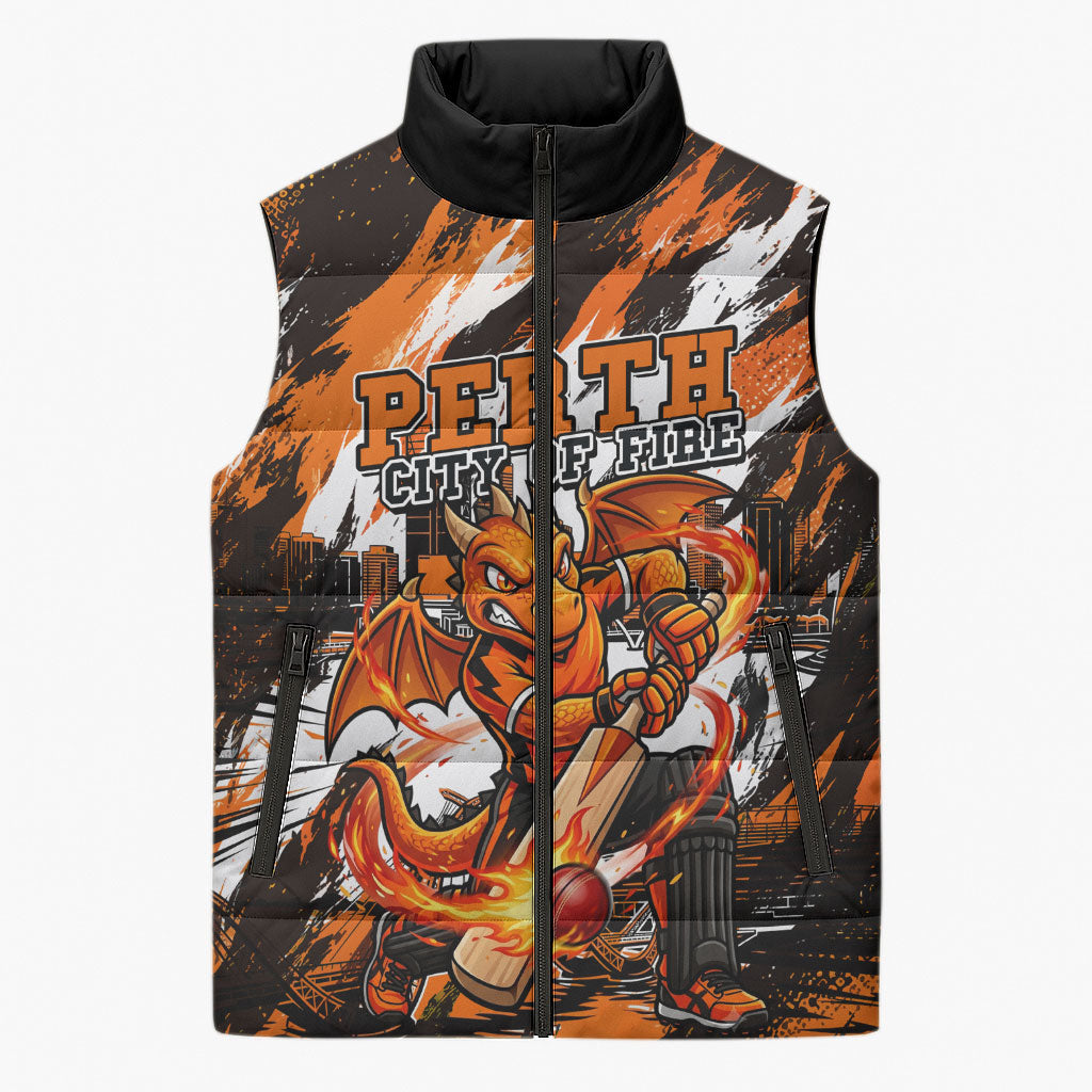 Personalised Perth Scorchers Cricket Fan Pride Sleeveless Puffer Jacket Dynamic Flaming Dragon Art With Perth City Skyline