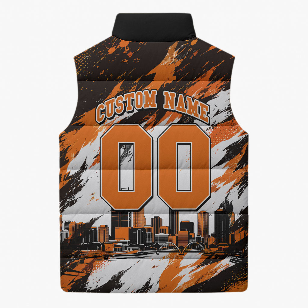 Personalised Perth Scorchers Cricket Fan Pride Sleeveless Puffer Jacket Dynamic Flaming Dragon Art With Perth City Skyline