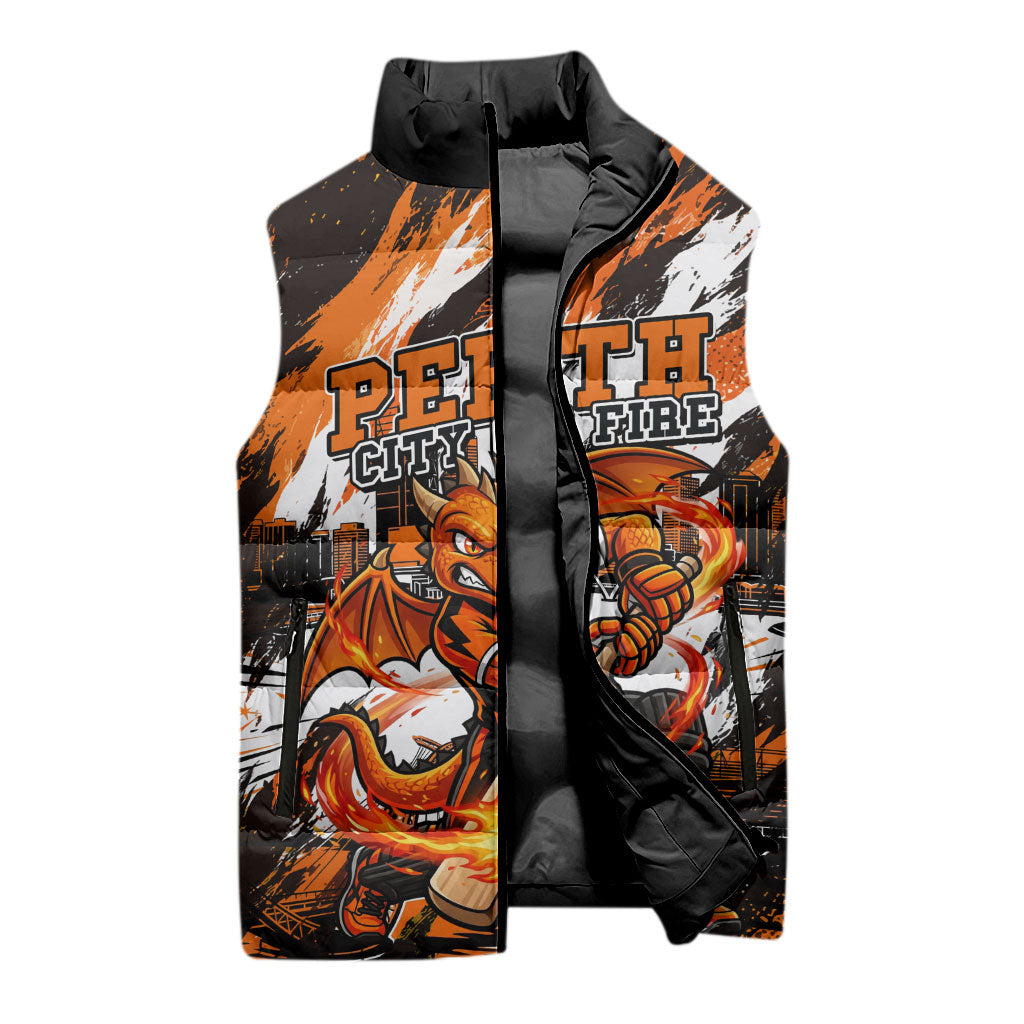 Personalised Perth Scorchers Cricket Fan Pride Sleeveless Puffer Jacket Dynamic Flaming Dragon Art With Perth City Skyline