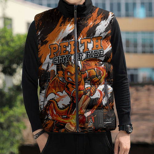 Personalised Perth Scorchers Cricket Fan Pride Sleeveless Puffer Jacket Dynamic Flaming Dragon Art With Perth City Skyline