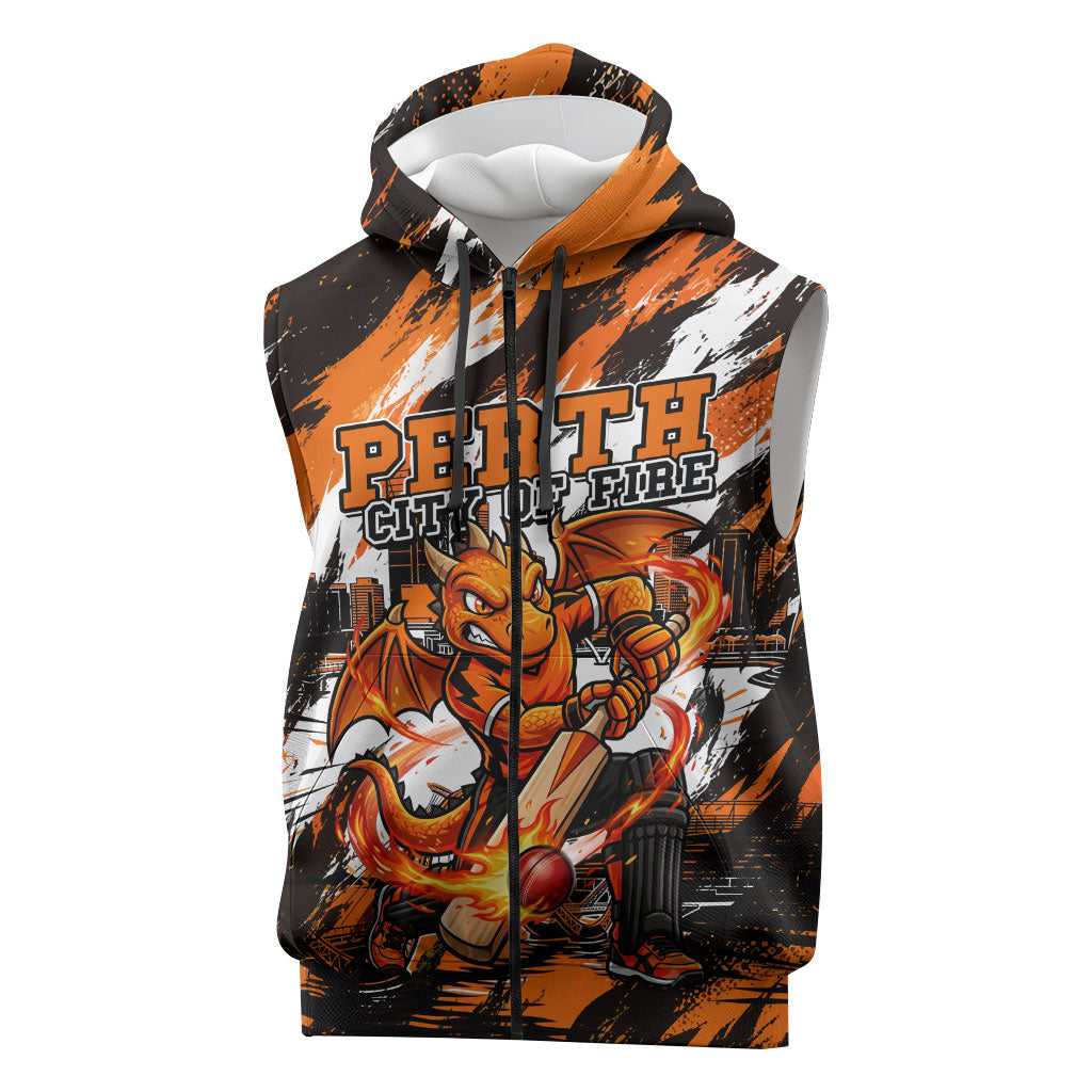 Personalised Perth Scorchers Cricket Fan Pride Sleeveless Zip Hoodie Dynamic Flaming Dragon Art With Perth City Skyline