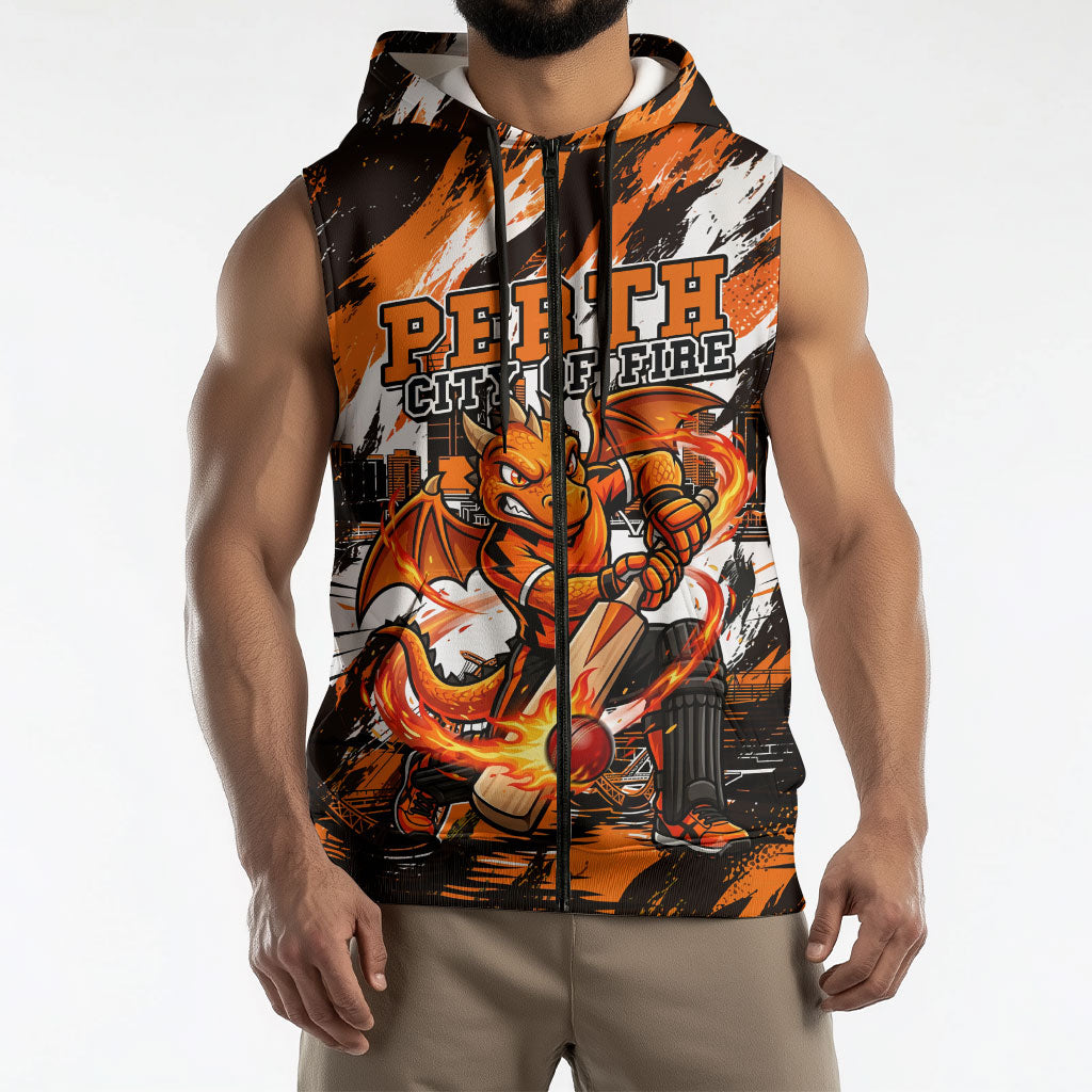 Personalised Perth Scorchers Cricket Fan Pride Sleeveless Zip Hoodie Dynamic Flaming Dragon Art With Perth City Skyline