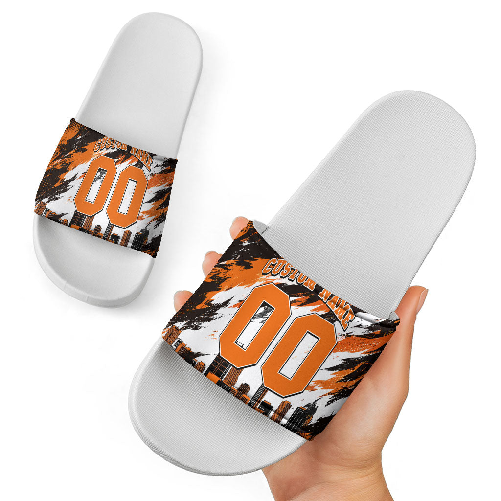 Personalised Perth Scorchers Cricket Fan Pride Slide Sandals Dynamic Flaming Dragon Art With Perth City Skyline