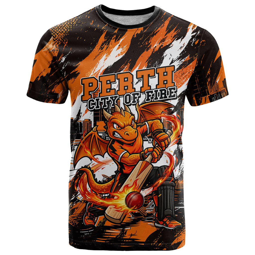 Personalised Perth Scorchers Cricket Fan Pride T Shirt Dynamic Flaming Dragon Art With Perth City Skyline