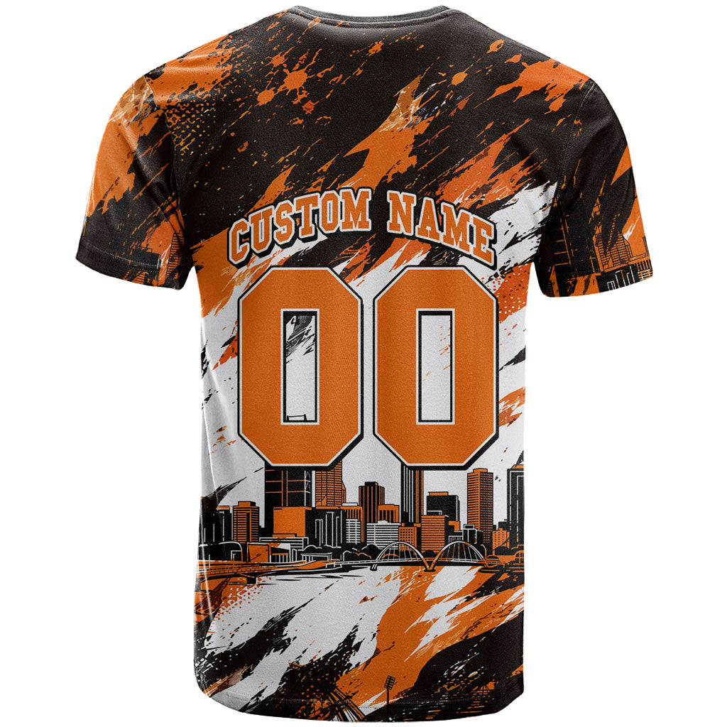 Personalised Perth Scorchers Cricket Fan Pride T Shirt Dynamic Flaming Dragon Art With Perth City Skyline
