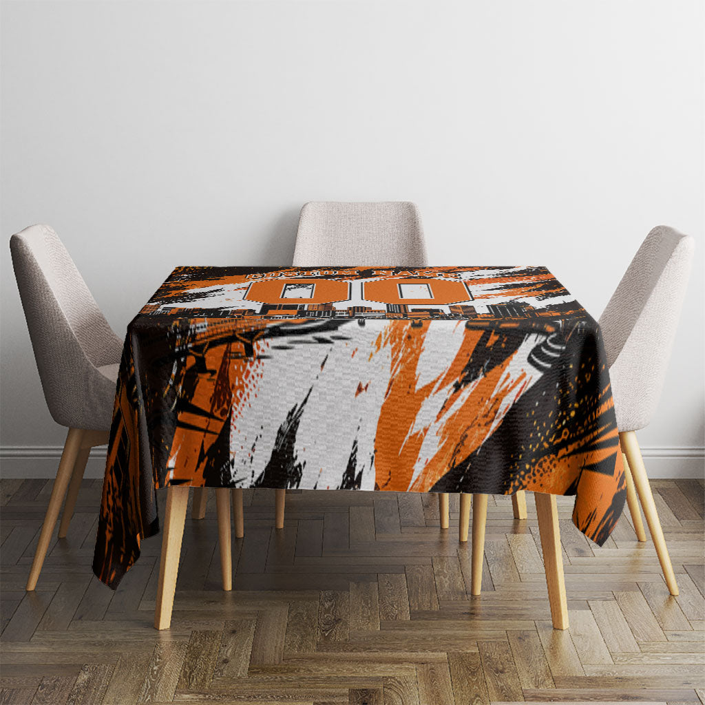 Personalised Perth Scorchers Cricket Fan Pride Tablecloth Dynamic Flaming Dragon Art With Perth City Skyline