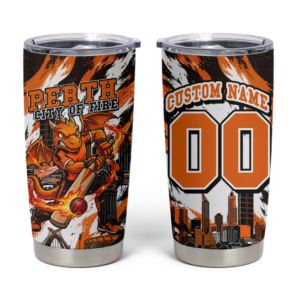 Personalised Perth Scorchers Cricket Fan Pride Tumbler Cup Dynamic Flaming Dragon Art With Perth City Skyline