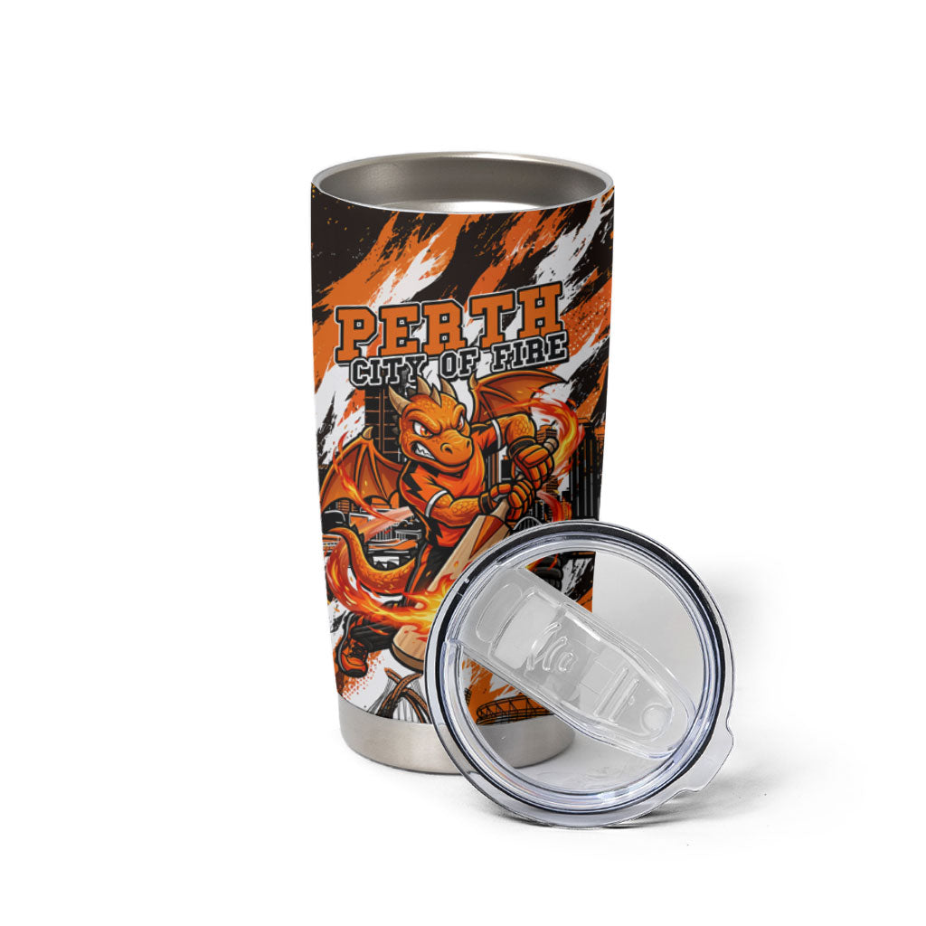Personalised Perth Scorchers Cricket Fan Pride Tumbler Cup Dynamic Flaming Dragon Art With Perth City Skyline