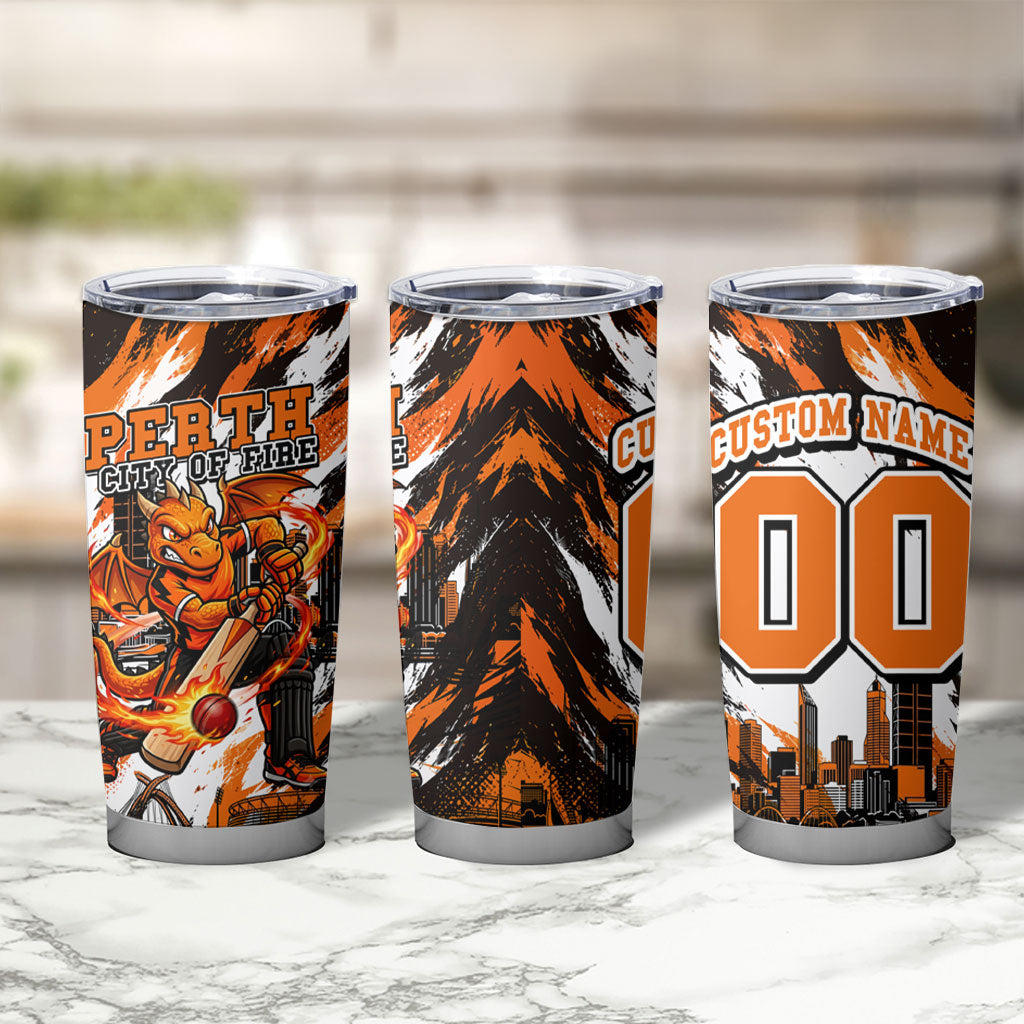 Personalised Perth Scorchers Cricket Fan Pride Tumbler Cup Dynamic Flaming Dragon Art With Perth City Skyline