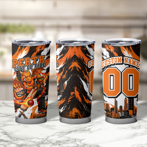 Personalised Perth Scorchers Cricket Fan Pride Tumbler Cup Dynamic Flaming Dragon Art With Perth City Skyline