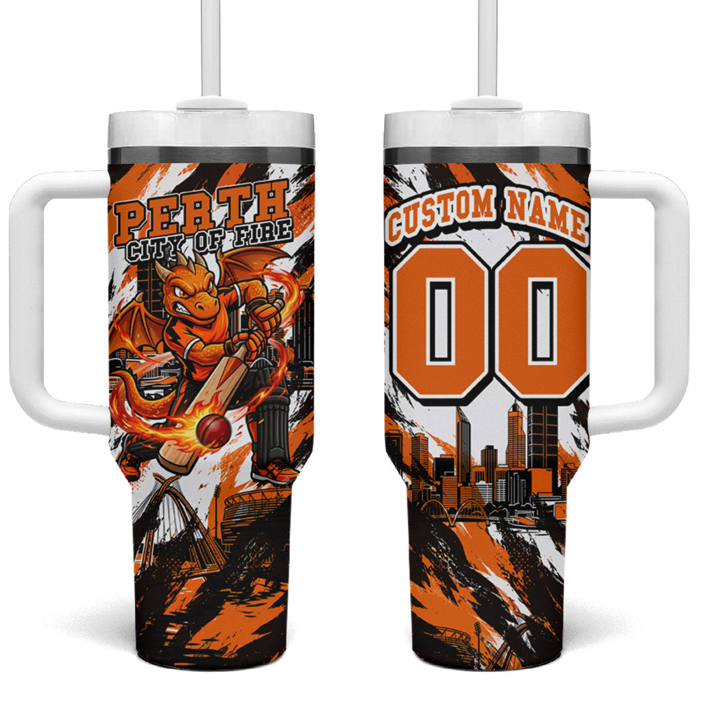 Personalised Perth Scorchers Cricket Fan Pride Tumbler With Handle Dynamic Flaming Dragon Art With Perth City Skyline