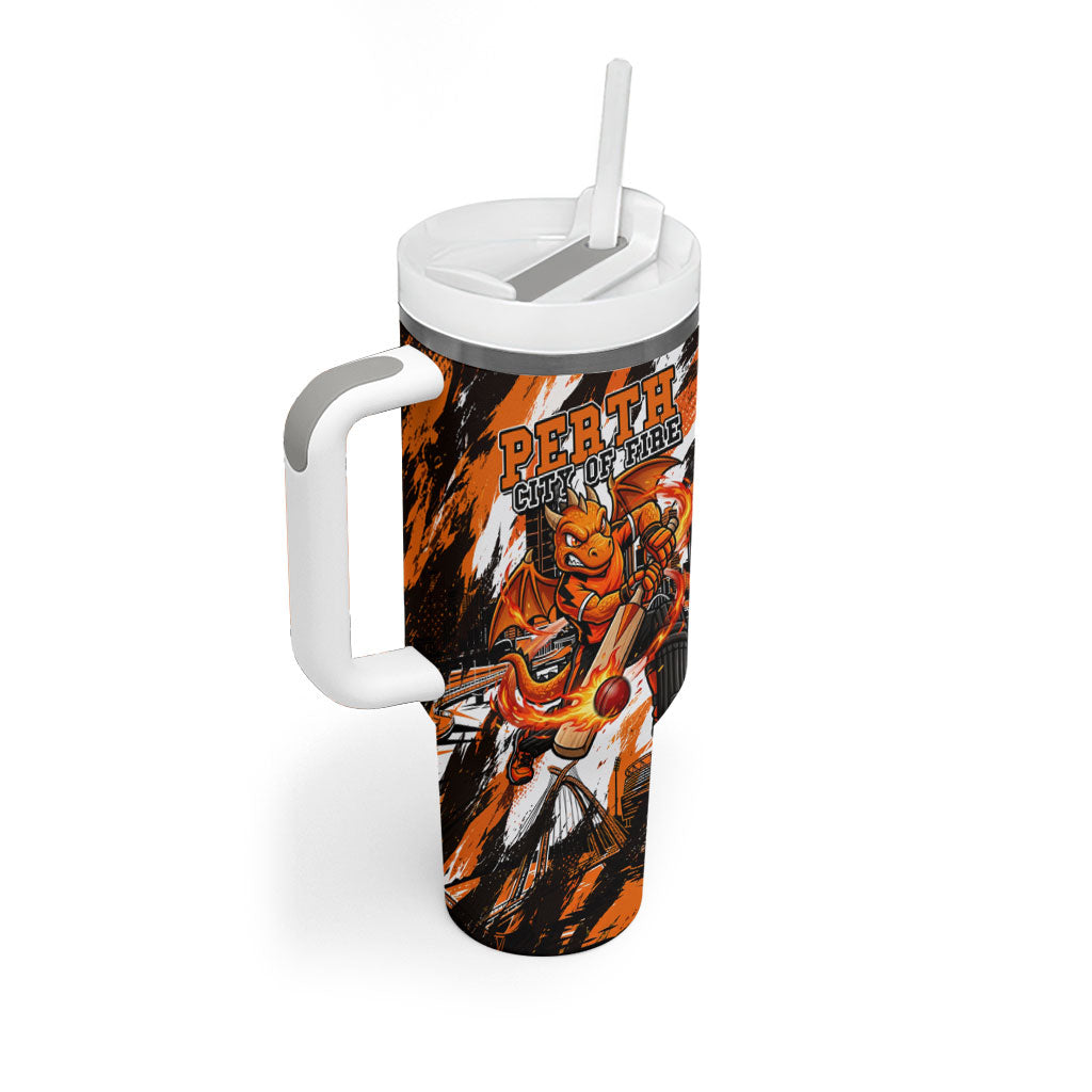 Personalised Perth Scorchers Cricket Fan Pride Tumbler With Handle Dynamic Flaming Dragon Art With Perth City Skyline