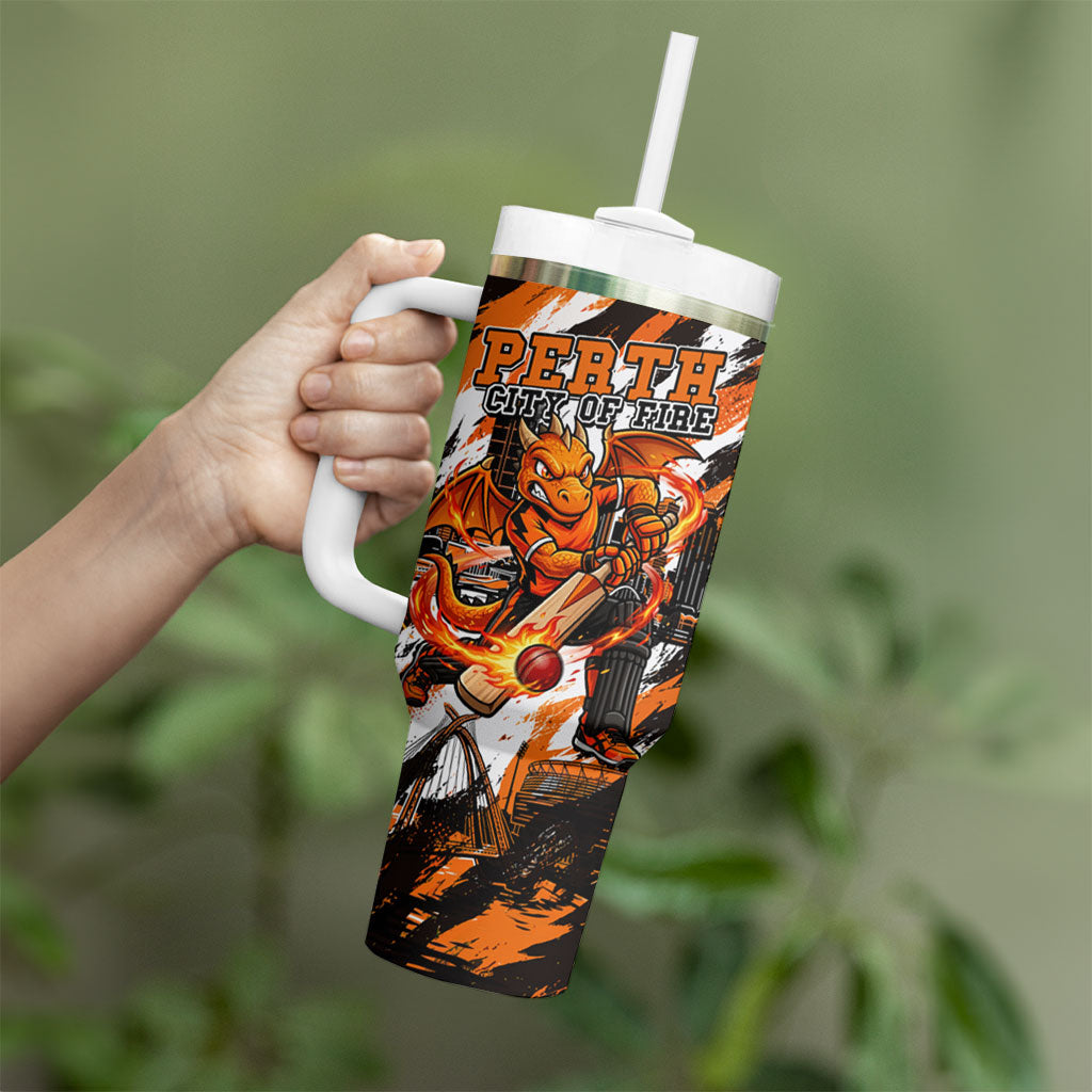Personalised Perth Scorchers Cricket Fan Pride Tumbler With Handle Dynamic Flaming Dragon Art With Perth City Skyline