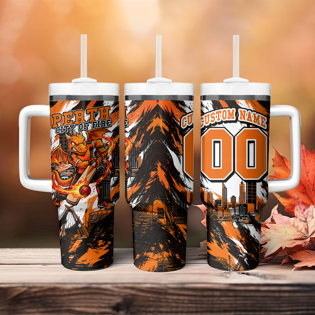 Personalised Perth Scorchers Cricket Fan Pride Tumbler With Handle Dynamic Flaming Dragon Art With Perth City Skyline