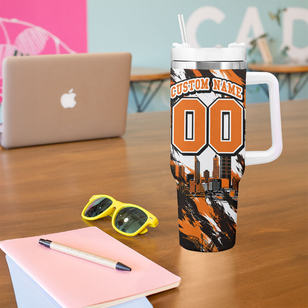 Personalised Perth Scorchers Cricket Fan Pride Tumbler With Handle Dynamic Flaming Dragon Art With Perth City Skyline