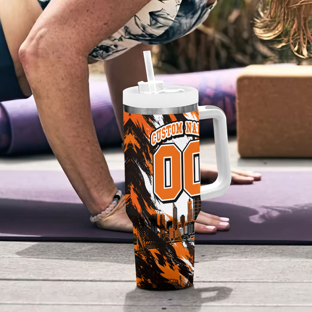 Personalised Perth Scorchers Cricket Fan Pride Tumbler With Handle Dynamic Flaming Dragon Art With Perth City Skyline
