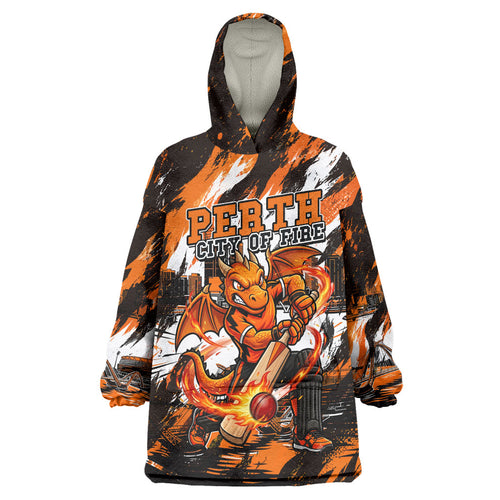 Personalised Perth Scorchers Cricket Fan Pride Wearable Blanket Hoodie Dynamic Flaming Dragon Art With Perth City Skyline