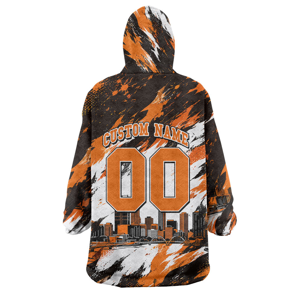 Personalised Perth Scorchers Cricket Fan Pride Wearable Blanket Hoodie Dynamic Flaming Dragon Art With Perth City Skyline