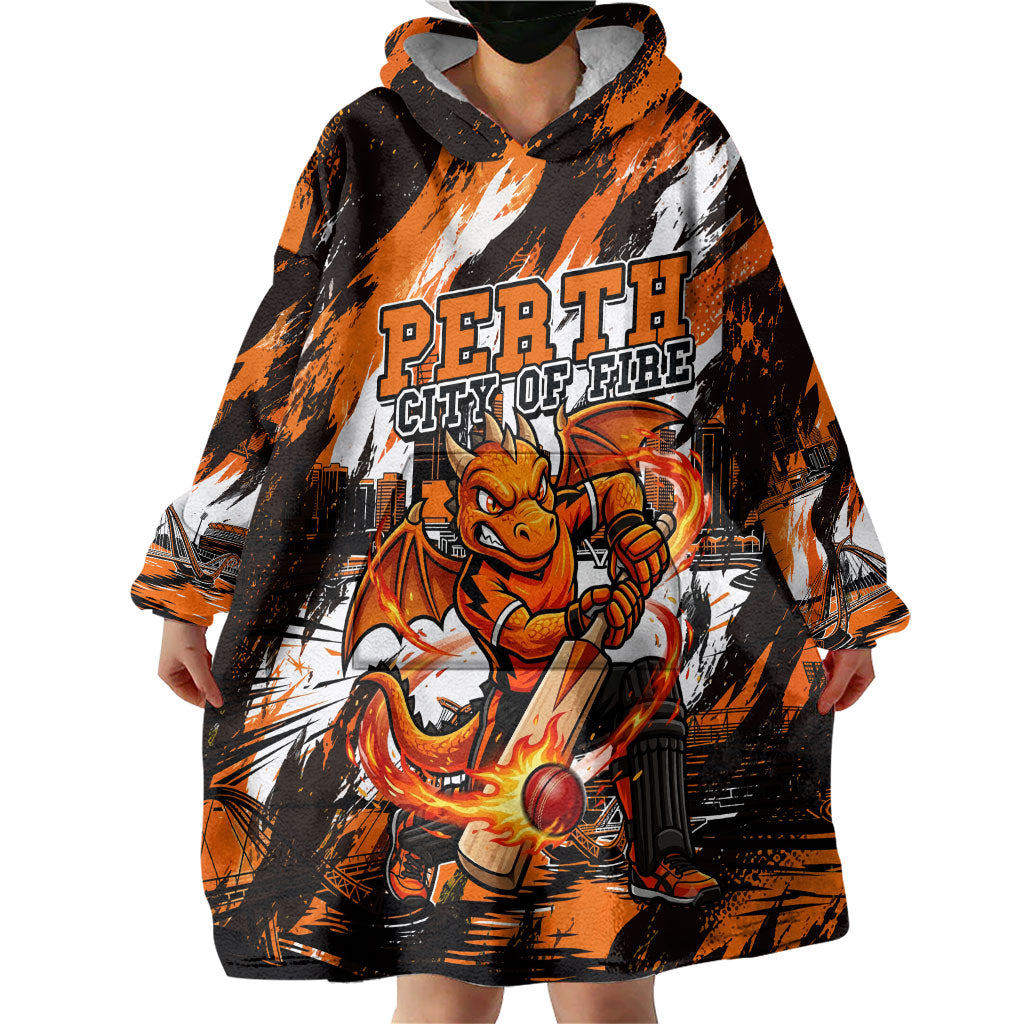 Personalised Perth Scorchers Cricket Fan Pride Wearable Blanket Hoodie Dynamic Flaming Dragon Art With Perth City Skyline