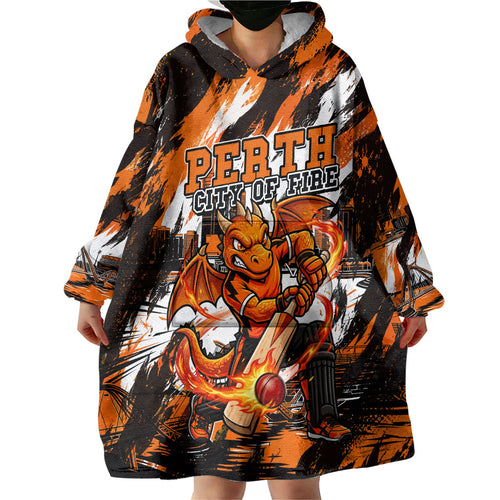 Personalised Perth Scorchers Cricket Fan Pride Wearable Blanket Hoodie Dynamic Flaming Dragon Art With Perth City Skyline
