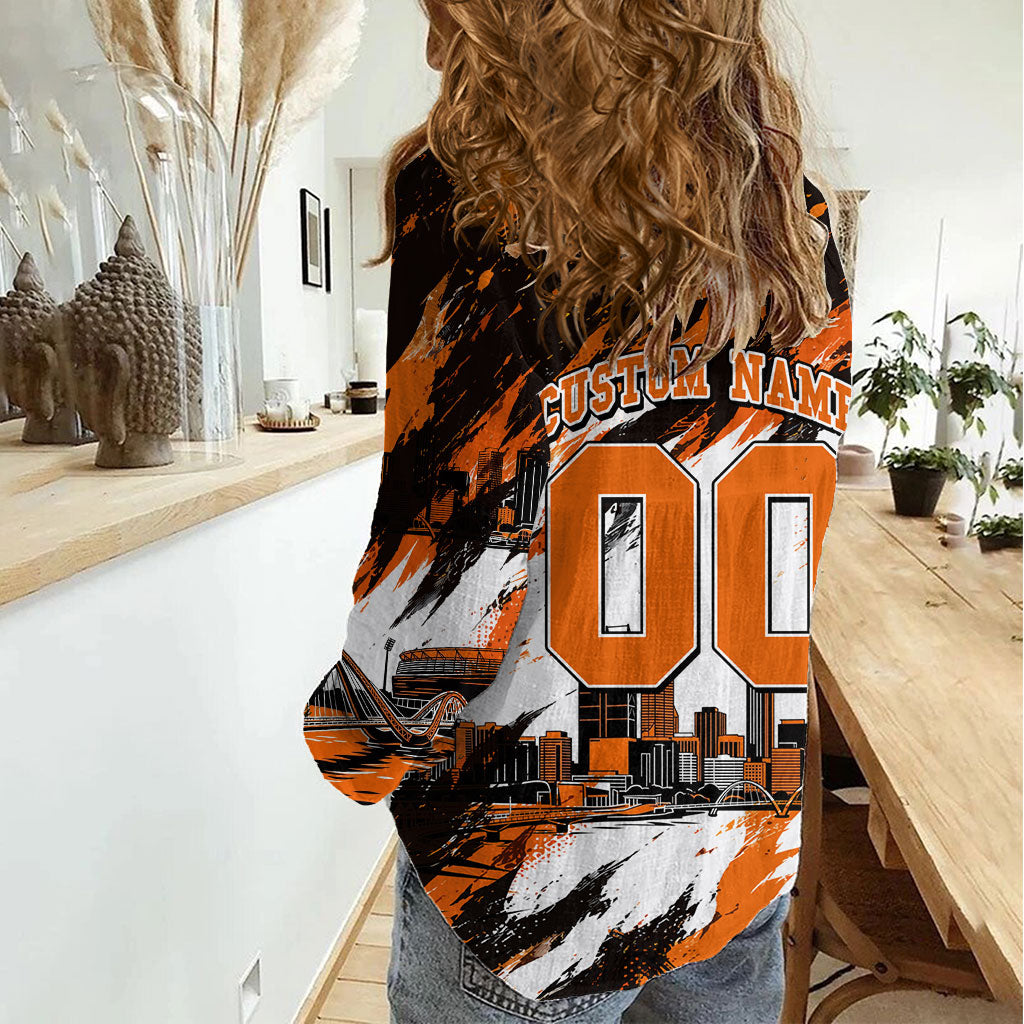 Personalised Perth Scorchers Cricket Fan Pride Women Casual Shirt Dynamic Flaming Dragon Art With Perth City Skyline