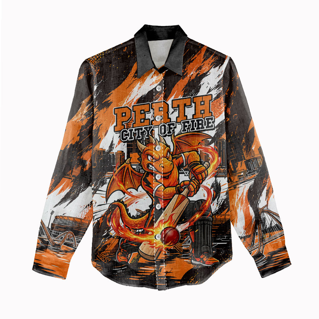 Personalised Perth Scorchers Cricket Fan Pride Women Casual Shirt Dynamic Flaming Dragon Art With Perth City Skyline