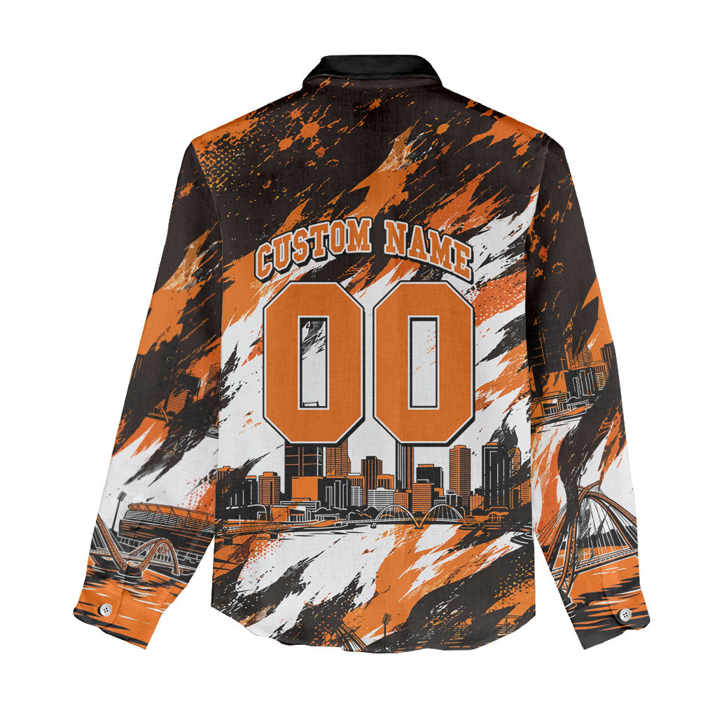Personalised Perth Scorchers Cricket Fan Pride Women Casual Shirt Dynamic Flaming Dragon Art With Perth City Skyline