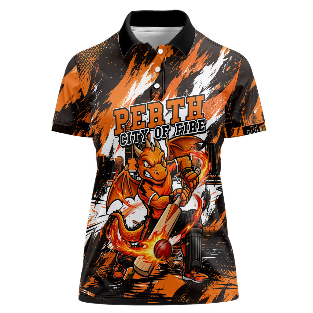 Personalised Perth Scorchers Cricket Fan Pride Women Polo Shirt Dynamic Flaming Dragon Art With Perth City Skyline
