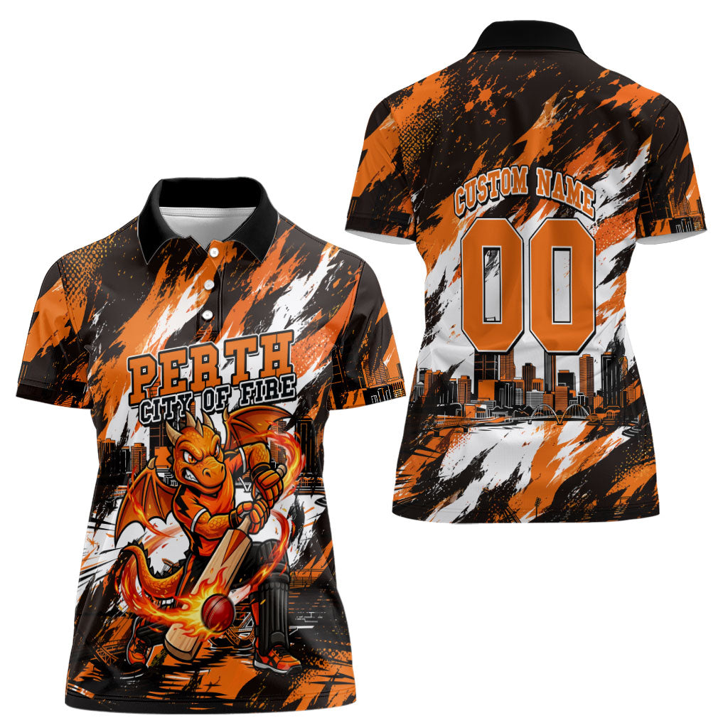 Personalised Perth Scorchers Cricket Fan Pride Women Polo Shirt Dynamic Flaming Dragon Art With Perth City Skyline