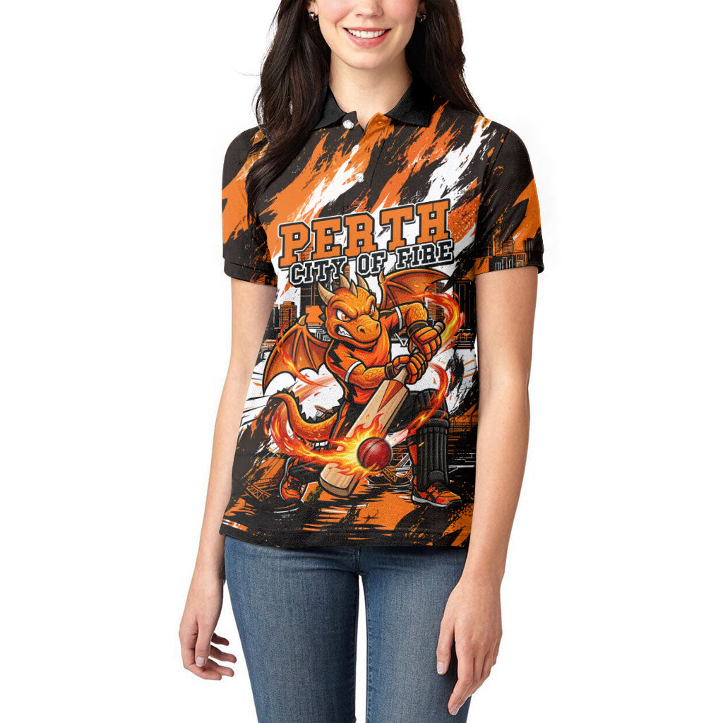 Personalised Perth Scorchers Cricket Fan Pride Women Polo Shirt Dynamic Flaming Dragon Art With Perth City Skyline