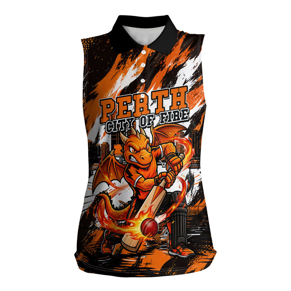 Personalised Perth Scorchers Cricket Fan Pride Women Sleeveless Polo Shirt Dynamic Flaming Dragon Art With Perth City Skyline