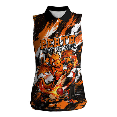 Personalised Perth Scorchers Cricket Fan Pride Women Sleeveless Polo Shirt Dynamic Flaming Dragon Art With Perth City Skyline