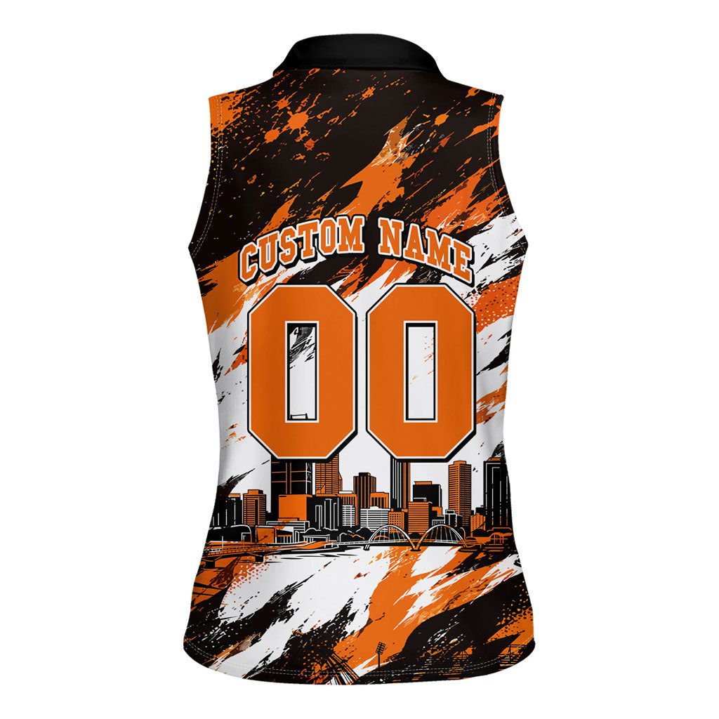 Personalised Perth Scorchers Cricket Fan Pride Women Sleeveless Polo Shirt Dynamic Flaming Dragon Art With Perth City Skyline