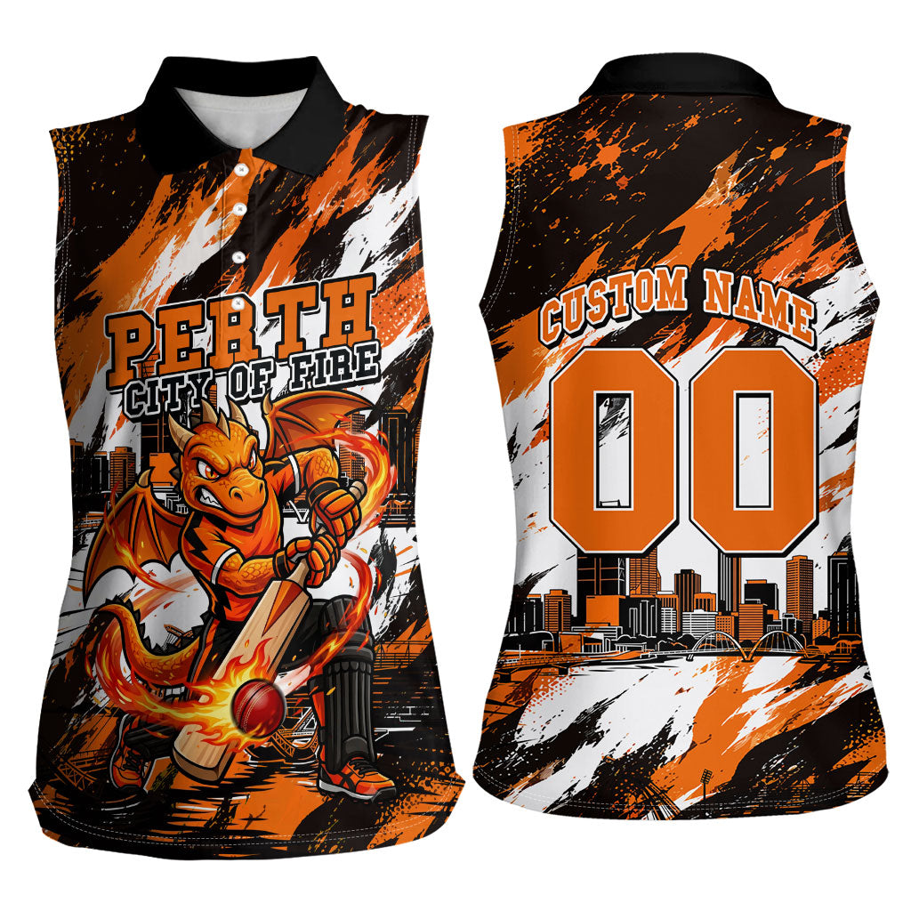Personalised Perth Scorchers Cricket Fan Pride Women Sleeveless Polo Shirt Dynamic Flaming Dragon Art With Perth City Skyline