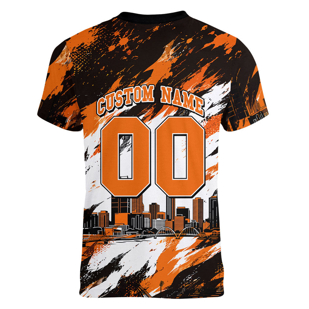 Personalised Perth Scorchers Cricket Fan Pride Women V-Neck T-Shirt Dynamic Flaming Dragon Art With Perth City Skyline