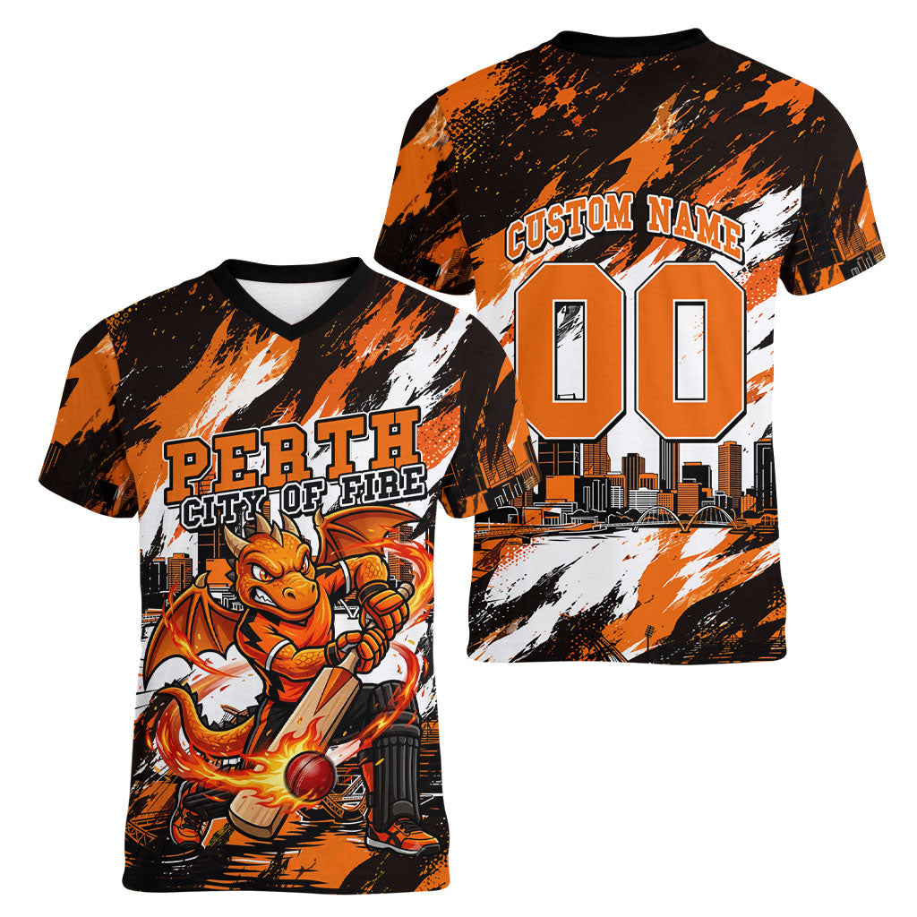 Personalised Perth Scorchers Cricket Fan Pride Women V-Neck T-Shirt Dynamic Flaming Dragon Art With Perth City Skyline