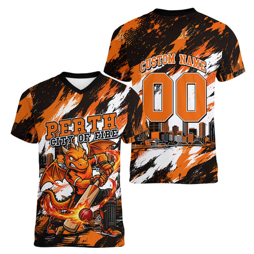 Personalised Perth Scorchers Cricket Fan Pride Women V-Neck T-Shirt Dynamic Flaming Dragon Art With Perth City Skyline