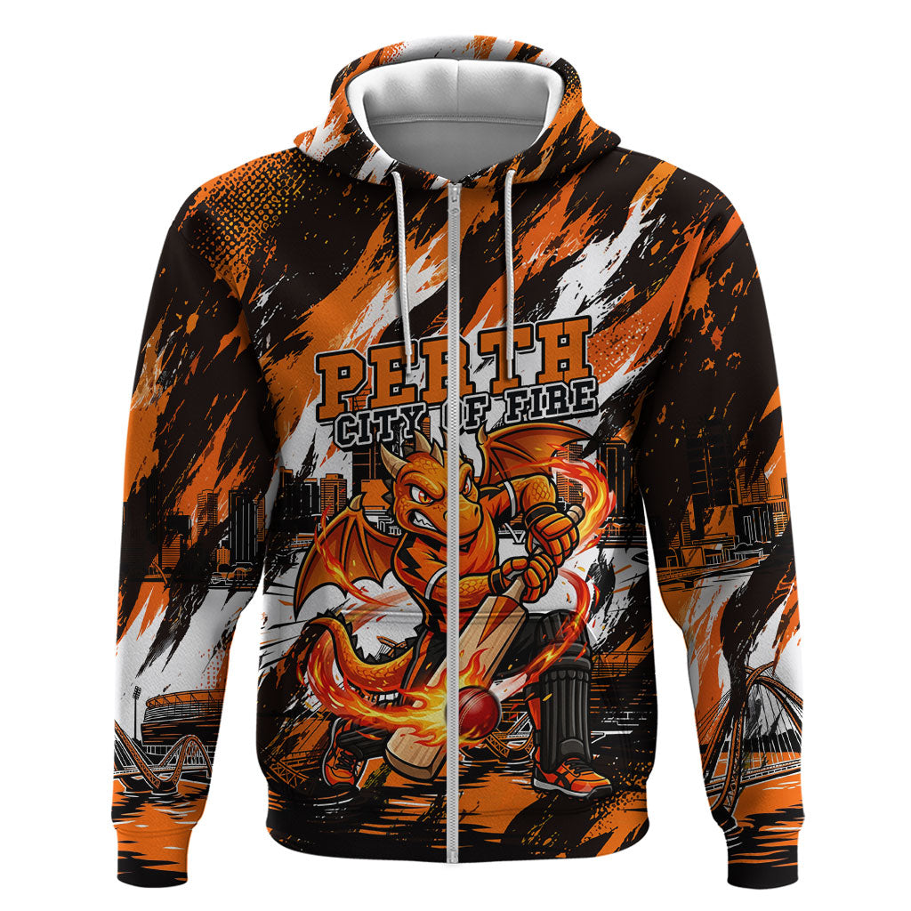 Personalised Perth Scorchers Cricket Fan Pride Zip Hoodie Dynamic Flaming Dragon Art With Perth City Skyline