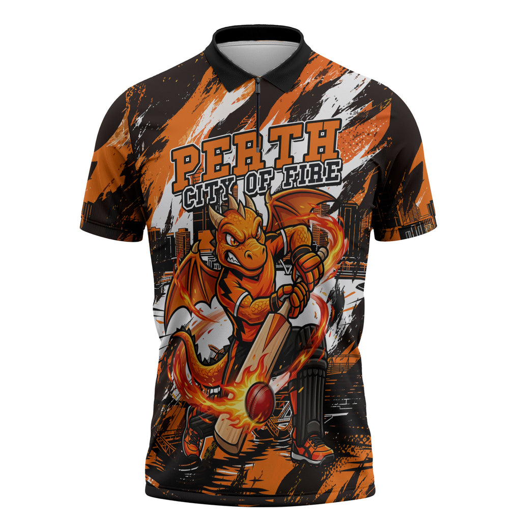 Personalised Perth Scorchers Cricket Fan Pride Zipper Polo Shirt Dynamic Flaming Dragon Art With Perth City Skyline